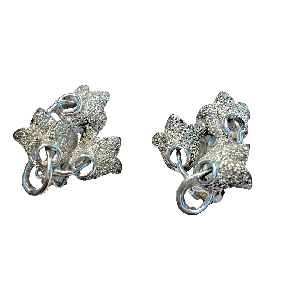 Vintage Mid Century Clip On Earrings Silver Textured Dimensional Mod Flowers